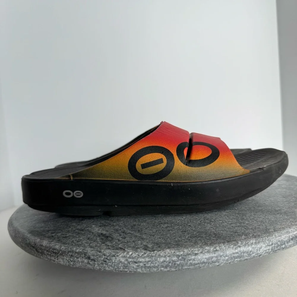 Oofos Ooah Slides Ombre Yellow Red Logo Black 8 10